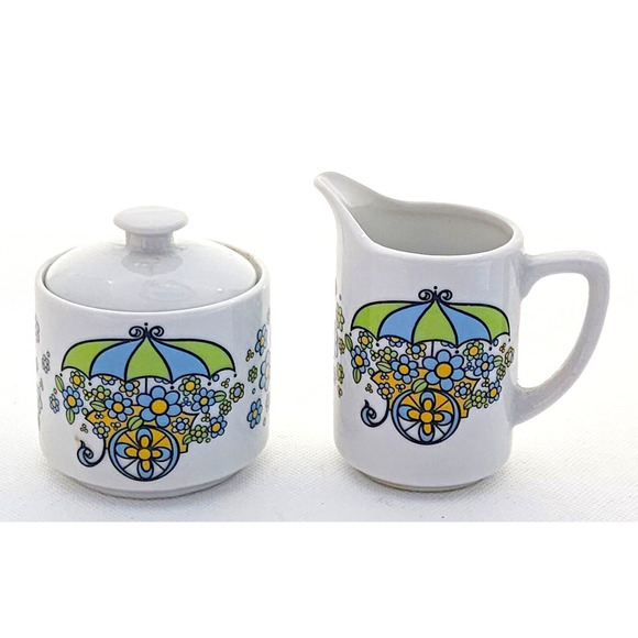 CREAMER AND SUGAR SET-Flower Cart-Blue Green Yellow Flowers-Japan-Small - Picture 2 of 9